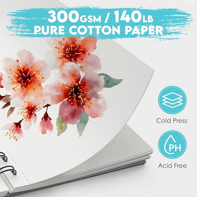 KOVIEDE 100% Cotton Watercolor Paper Pad 3 Pack Cold Press 140lb/300gsm Spiral - Image 3