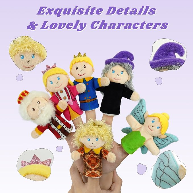 6 Pcs Fairy Tale Finger Puppets Set, 4 inch Fairy Tale Members Soft Plush Hand - Image 3