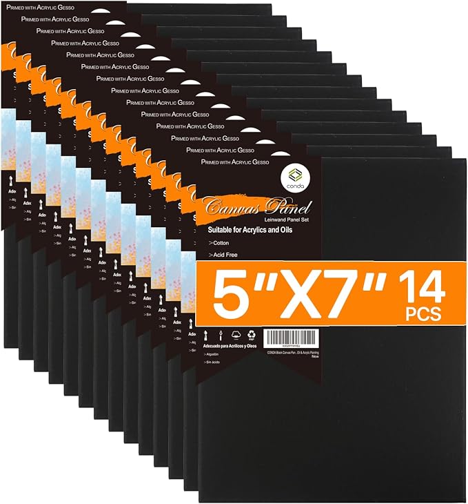 CONDA Black Canvas Panels 5x7 inch, 100% Cotton Acid-Free, 8 oz Gesso-Primed by CONDA