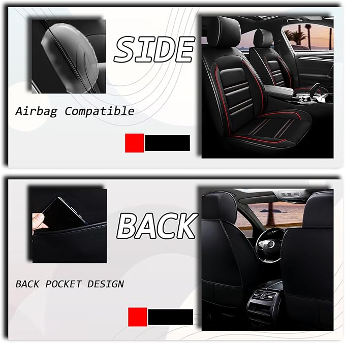 Seat Covers for Ford Maverick 2022-2025 | 5-Seats Leather Seat Covers, Easy to Install Automotive Seat Covers Full Set (Full Set, Black&Red Line)