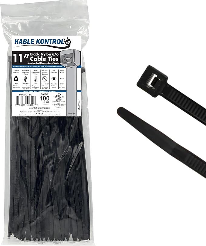 Kable Kontrol Heavy Duty Cable Zip Ties 100 Pcs 11 Inch Black, 120 Lbs Tensile by KABLEKONTROL%C2%AE
