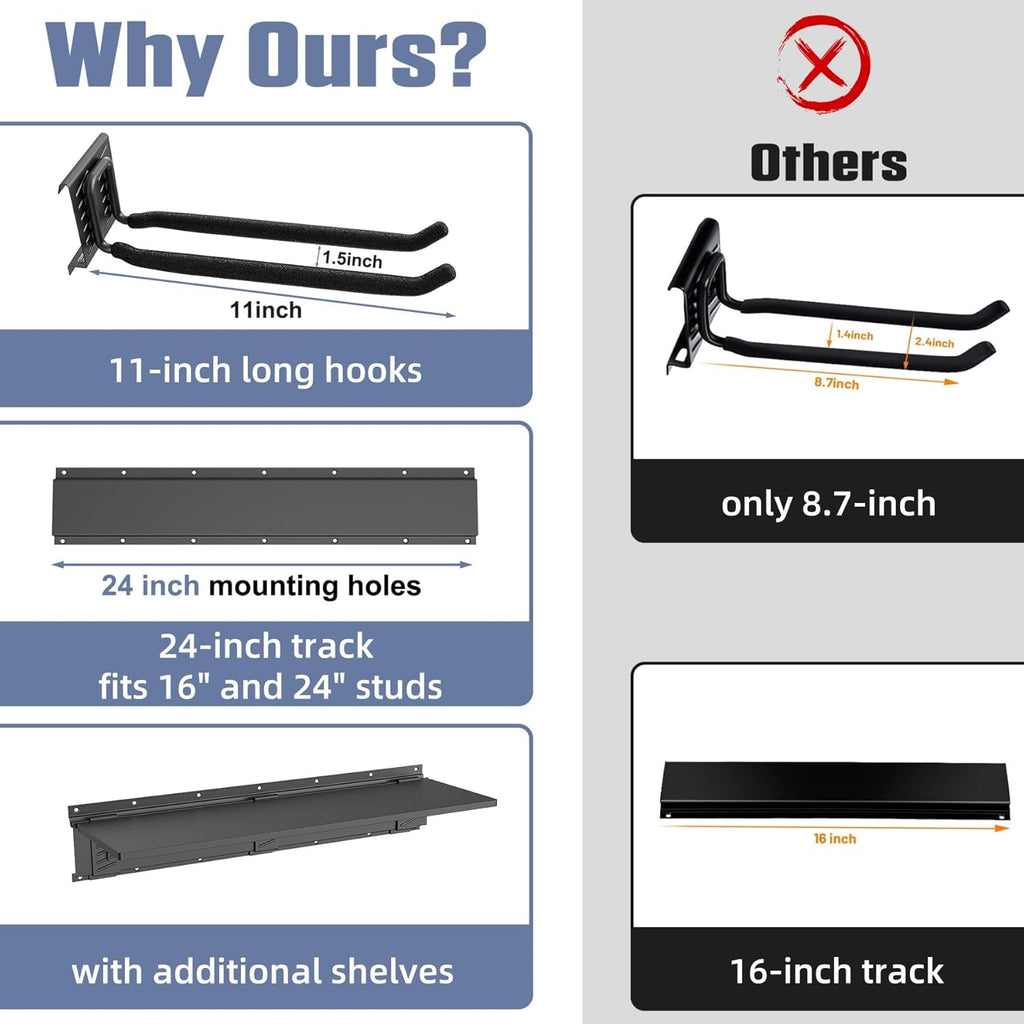 WALMANN Wall Mounted Garden Tool Rack with Shelves for Garage, Heavy Duty Folding Chair Hangers, 11-Inch Tool Storage Hooks for Shovels, Rakes, Ladders