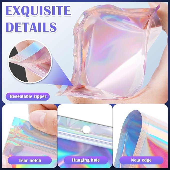 JETMORE 100 Pcs Mylar Bags, Holographic Bags, Resealable Bag - Image 5