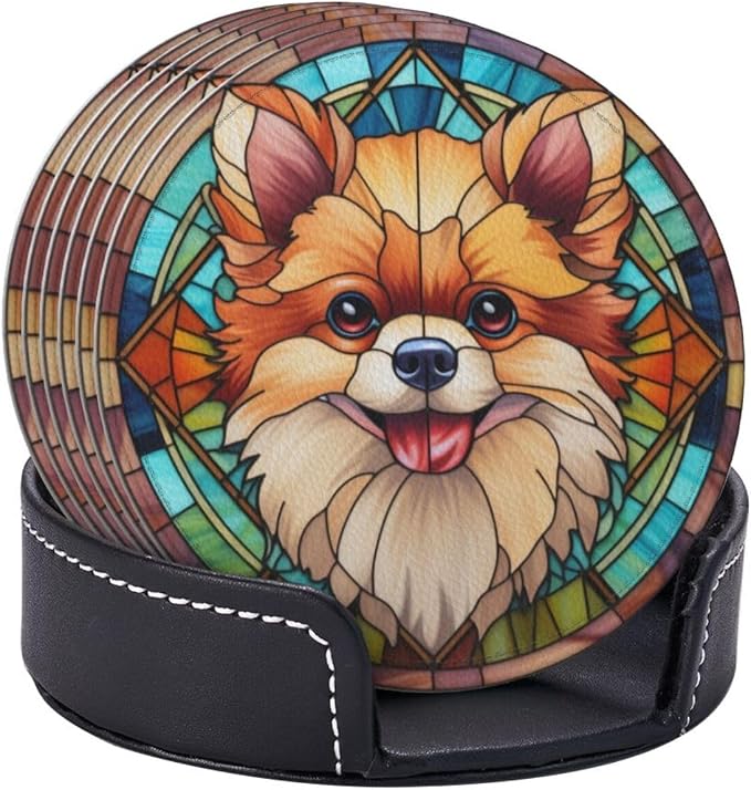 Drink Coaster Set of 6, Pomeranian Dog Mom Lover Gift, Leather Drink Coasters - Image 9