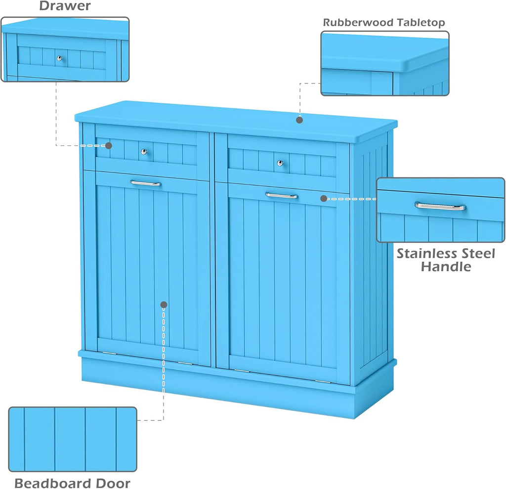 Betterhood Tilt Out Trash Cabinet 10 Gallon Wooden Free Standing Laundry Sorter Cabinet,Recycling Cabinet with Hideaway Drawer,Tilt Out Trash Cabinet Can Bin Kitchen (Double Light Blue, Double Door)