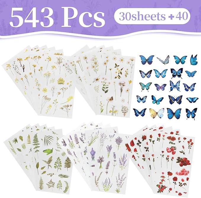 543PCS，70 Sheets Natural Flower Stickers - Image 2