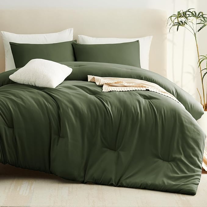 CozyLux California King Comforter Set Olive Green, 3 Pieces Cal King Solid - Image 8