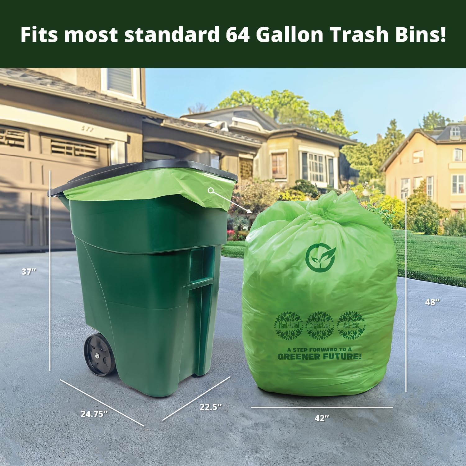 60-64 Gallon Compost bags BPI Certified Compostable Bags Heavy Duty Extra Thick 2 Mil, 242.27 Liter, 12 Bags, Leaf Bag, Lawn, Yard, and Restaurant Use, ASTM D6400, OK Compost Home Certified