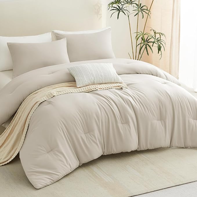 CozyLux Queen Comforter Set Oatmeal, 3 Pieces Solid Comforters Queen Size - Image 5