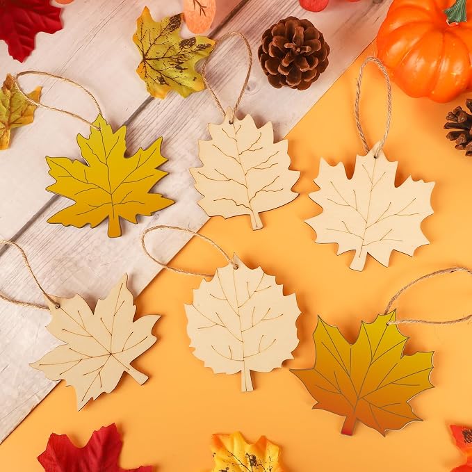 24 PCS Unfinished Wooden Fall Crafts, Maple Leaves Shaped Hanging Ornaments DIY - Image 4