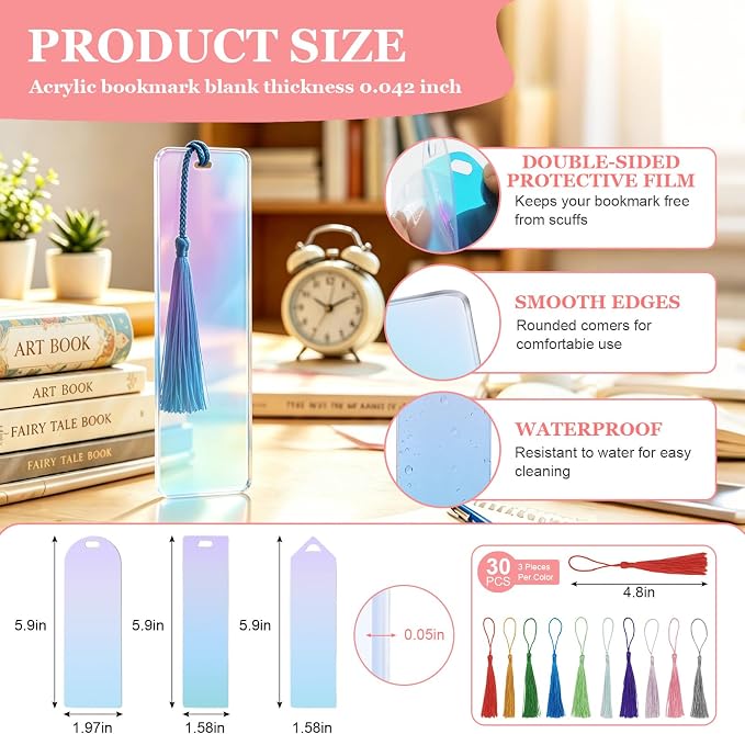 90Pcs Acrylic Bookmark Blanks Kit, 30 Set Iridescent Clear Acrylic Bookmarks - Image 2