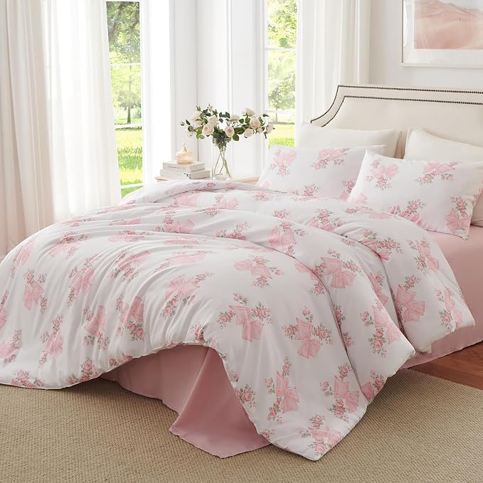 Nayoroom Pink Bow Duvet Cover Full Size Coquette Pink Floral Duvet Cover 3 - Image 3