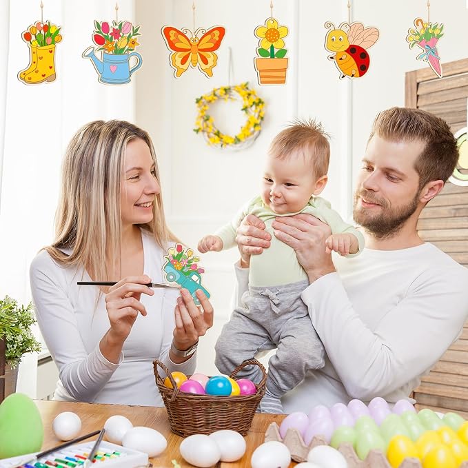 80PCS Wooden Spring Ornaments to Paint, 10 Styles DIY Blank Unfinished Wood - Image 3