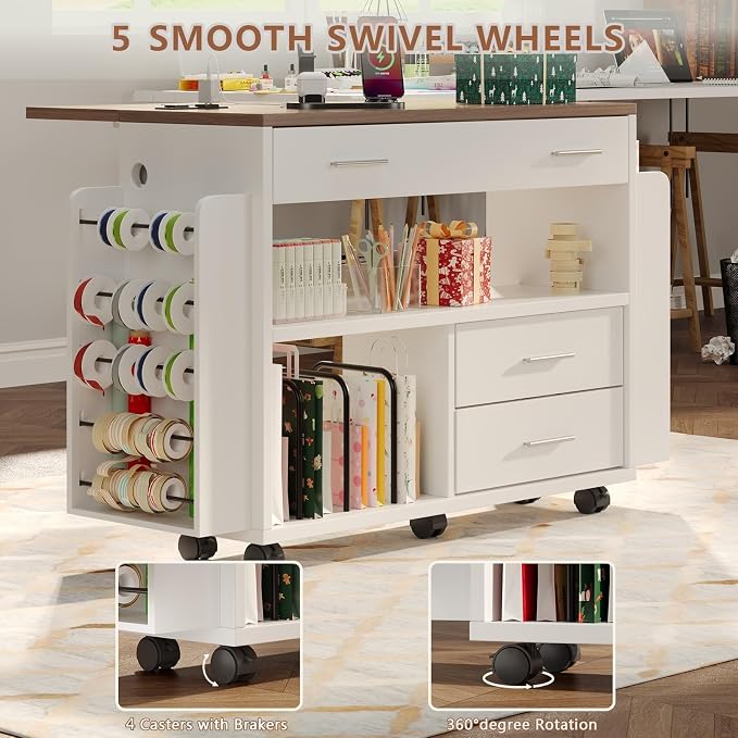 Gift Wrap Storage Cart with Foldable Drop Leaf, Crafting Table with Storage | - Image 6