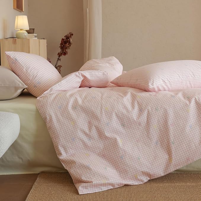 mixinni Gingham Duvet Cover Twin Size, 100% Cotton Light Pink and White Gingham - Image 2