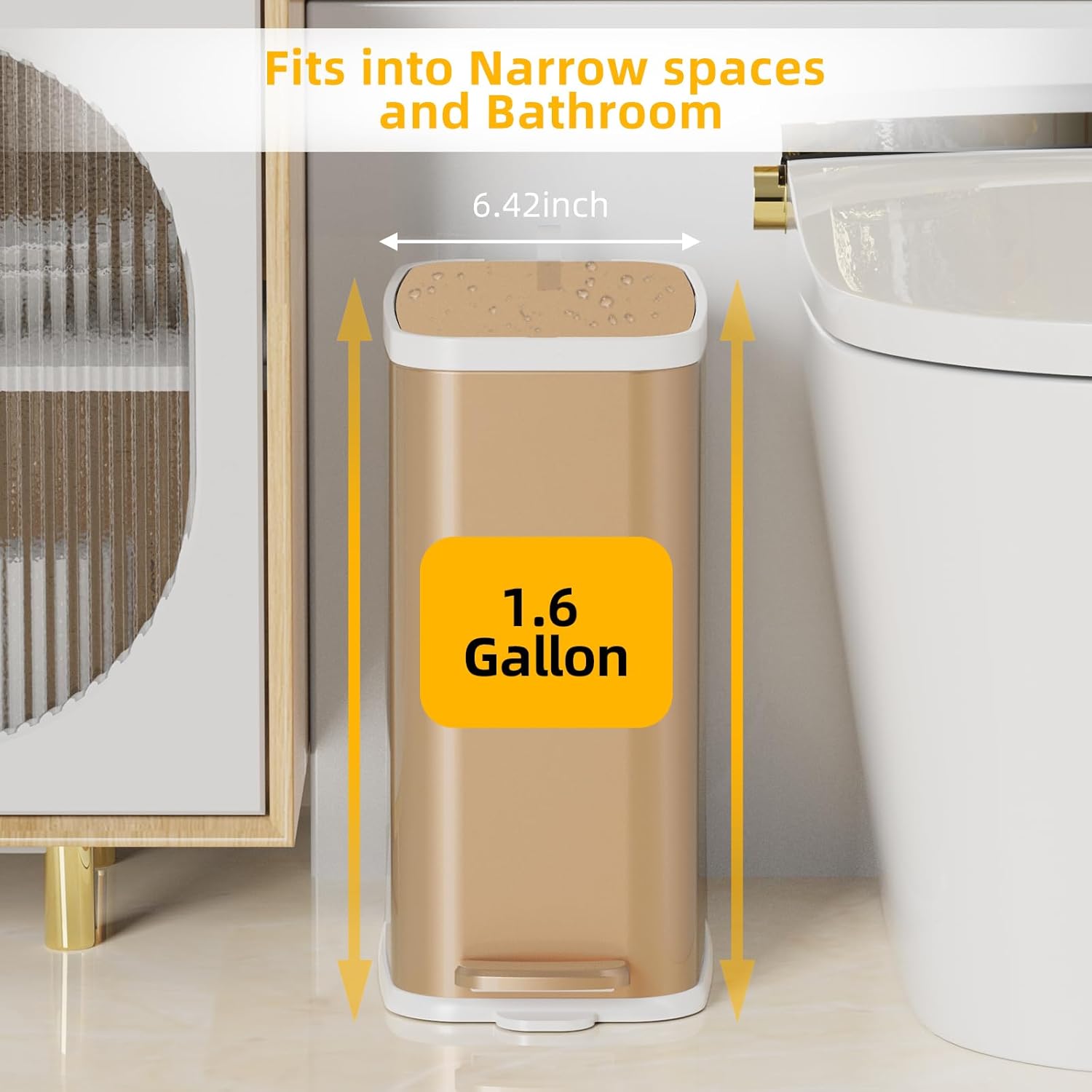 Champagne Gold Bathroom Trash Can with Lid Soft Close,1.6 Gallon Slim Garbage can,Small Metal Step Wastebasket for Office, Bedroom, Toilet, Live Room