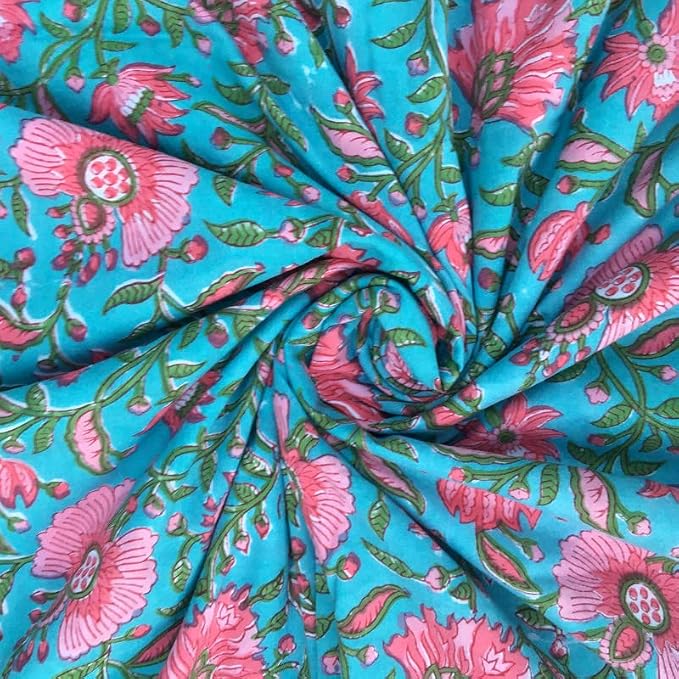 E-Tailor® Indian Ethnic 100% Cotton Voile Running Hand Block Print Natural by E-Tailor