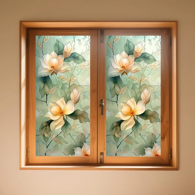 IVN Privacy Window Creamy Magnolia Branch Decorative Window Cling Stained Glass - Image 2