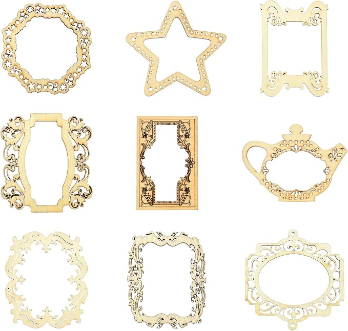 18 pcs 9 Styles Hollow Pyrography Theme Unfinished Blank Wood Cutout Charms by Gythara