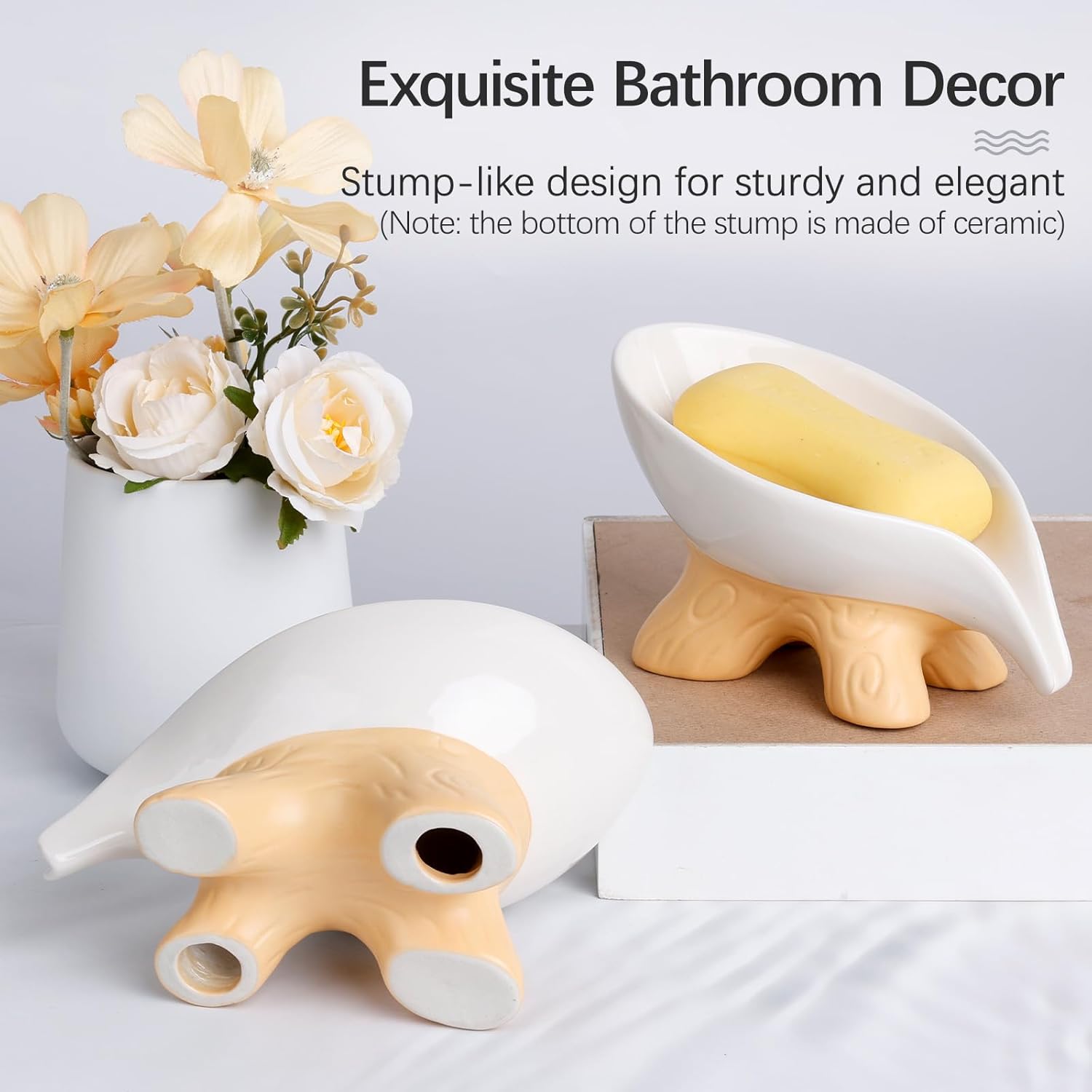 Soap Dish, Soap Holder Self Draining Leaf Shape Soap Dishes, Ceramic Draining Soap Dish for Bathroom Shower, White Farmhouse Soap Holder with Stump, ANTIS'S HOME