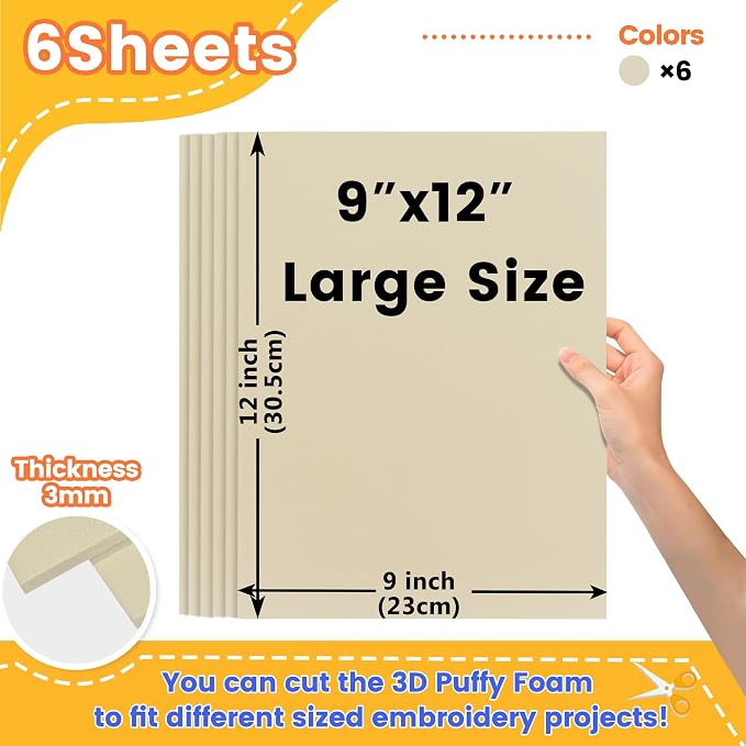 New brothread - 16 Options- 6PCS Embroidery Puffy Foam 9″x12″ Large Size 3MM - Image 2