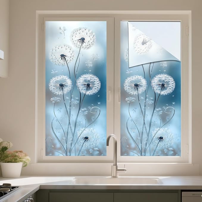 IVN Privacy Window Film Stained Glass Window Cling White Dandelion Design - Image 5