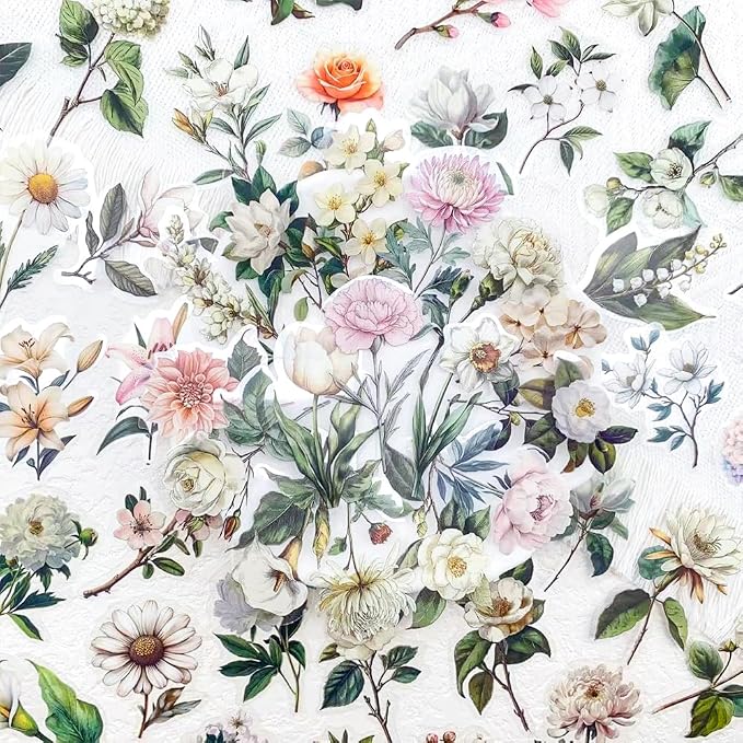 50pcs White Flower Scrapbook Stickers – Vintage Botanical Clear Floral by YOKSAS