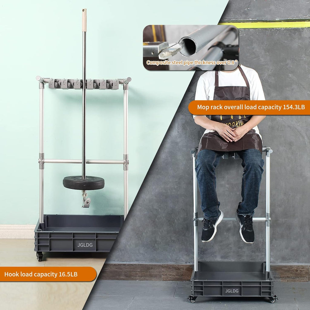 Broom mop Holder Cleaning Supplies Organizer Janitor carts on Wheels Housekeeping Station Storage Tools for Garage, Garden, Closet, Cabinet