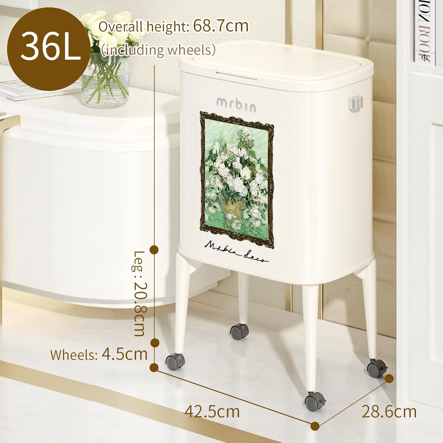 MRBIN Metal Kitchen Trash Can with Wheel Legs, 36L / 9.5gal Medium Press Lid Slim Removable Waste Basket, Pet Proof Tall Narrow Garbage Pail for Vanity, Bedroom, Bathroom, Living Room, White Rose