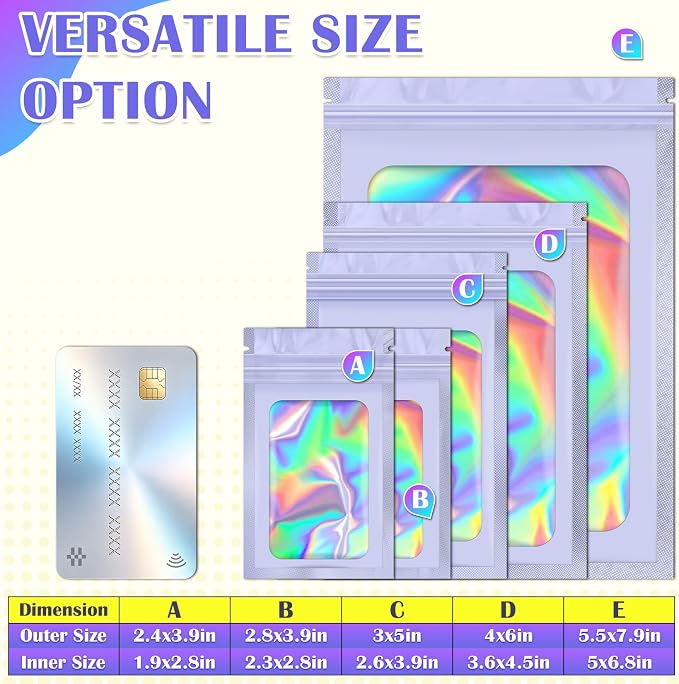 JETMORE 300 Pcs Mylar Bags, Smell Proof Bags Foil Pouch, Holographic Resealable - Image 6