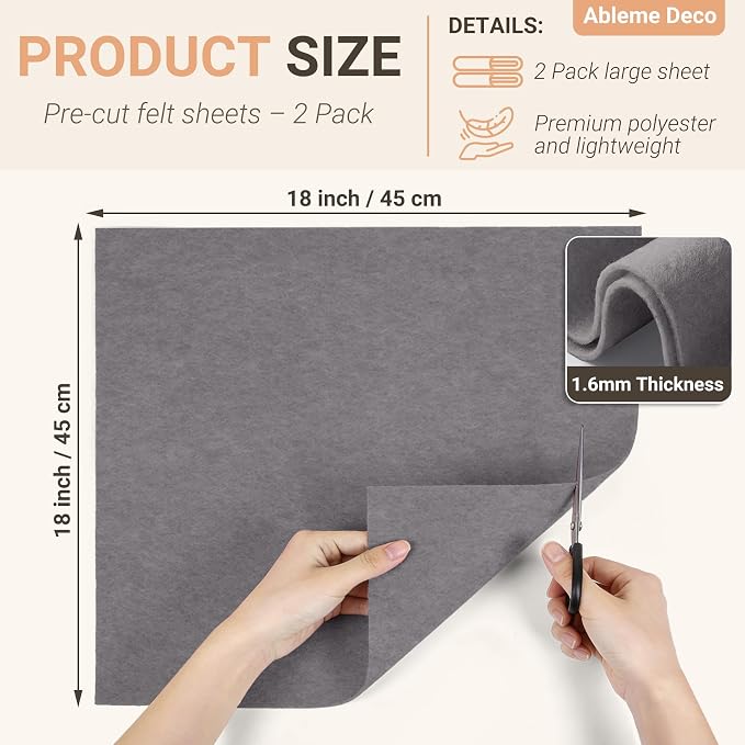 Felt Fabric Sheets 18" x 18" 1.6mm Soft Craft Felt, Dark Grey | Soft Precut - Image 2