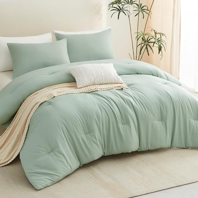 CozyLux Sage Green Queen Comforter Set, 3 Pieces Solid Breathable Quilted - Image 9
