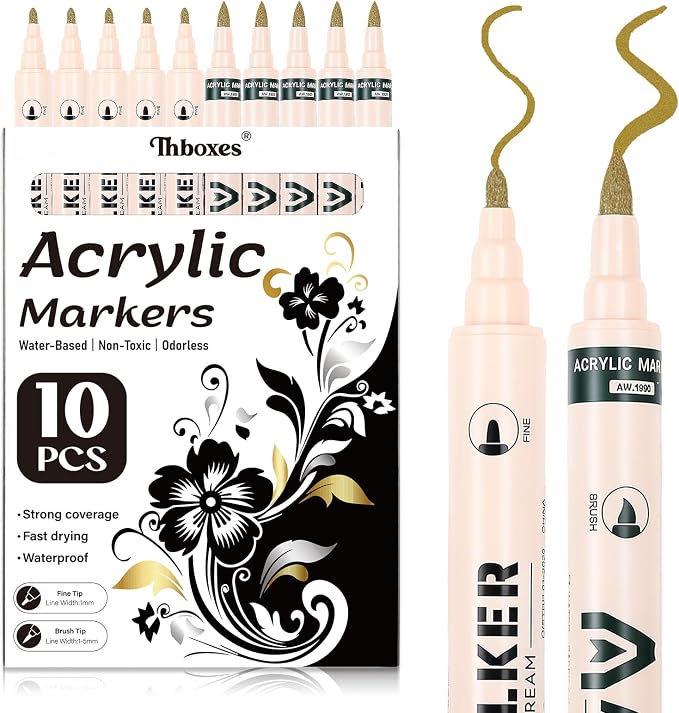 Thboxes 10 Pack Gold Paint Markers, Dual-Tip Acrylic Paint Pen Fine Tip and by Thboxes