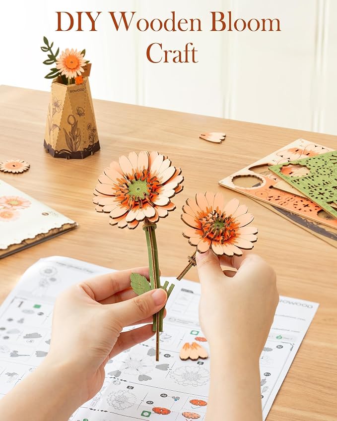 3D Flower Wooden Puzzles for Adults-Gerbera Daisy, DIY Wooden Flowers Model Kit - Image 6