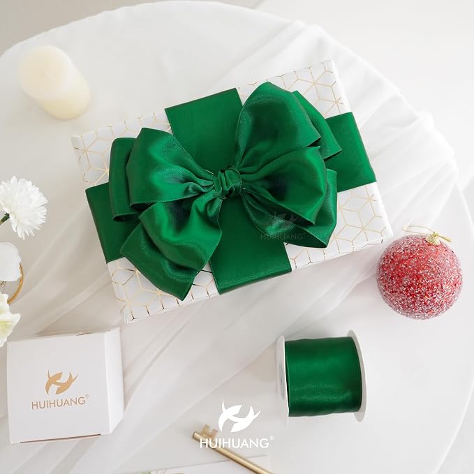 HUIHUANG Forest Green Wired Ribbon 2.5 inch Green Satin Wire Ribbon - Image 3