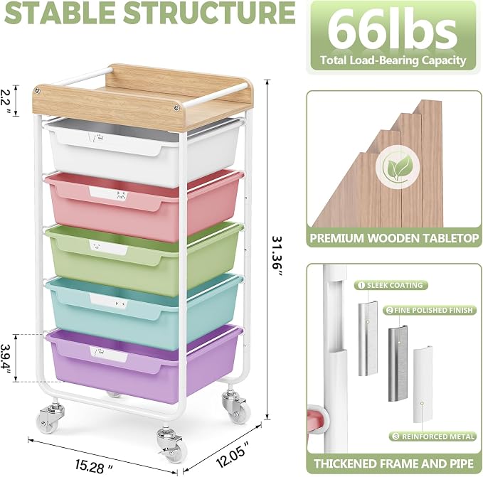 SYKIARIOL Utility Cart with 5 Labeling Drawers and Wooden Tabletop – Rolling - Image 2