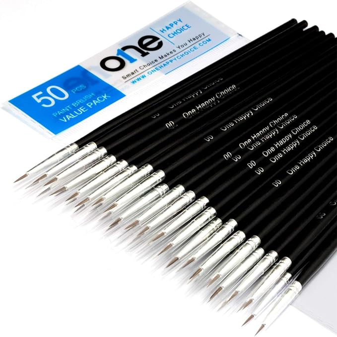 50 Pcs Fine Detail Synthetic Paint Brush Set, Pointed Round Size #00 Small | by ONEHAPPYCHOICE