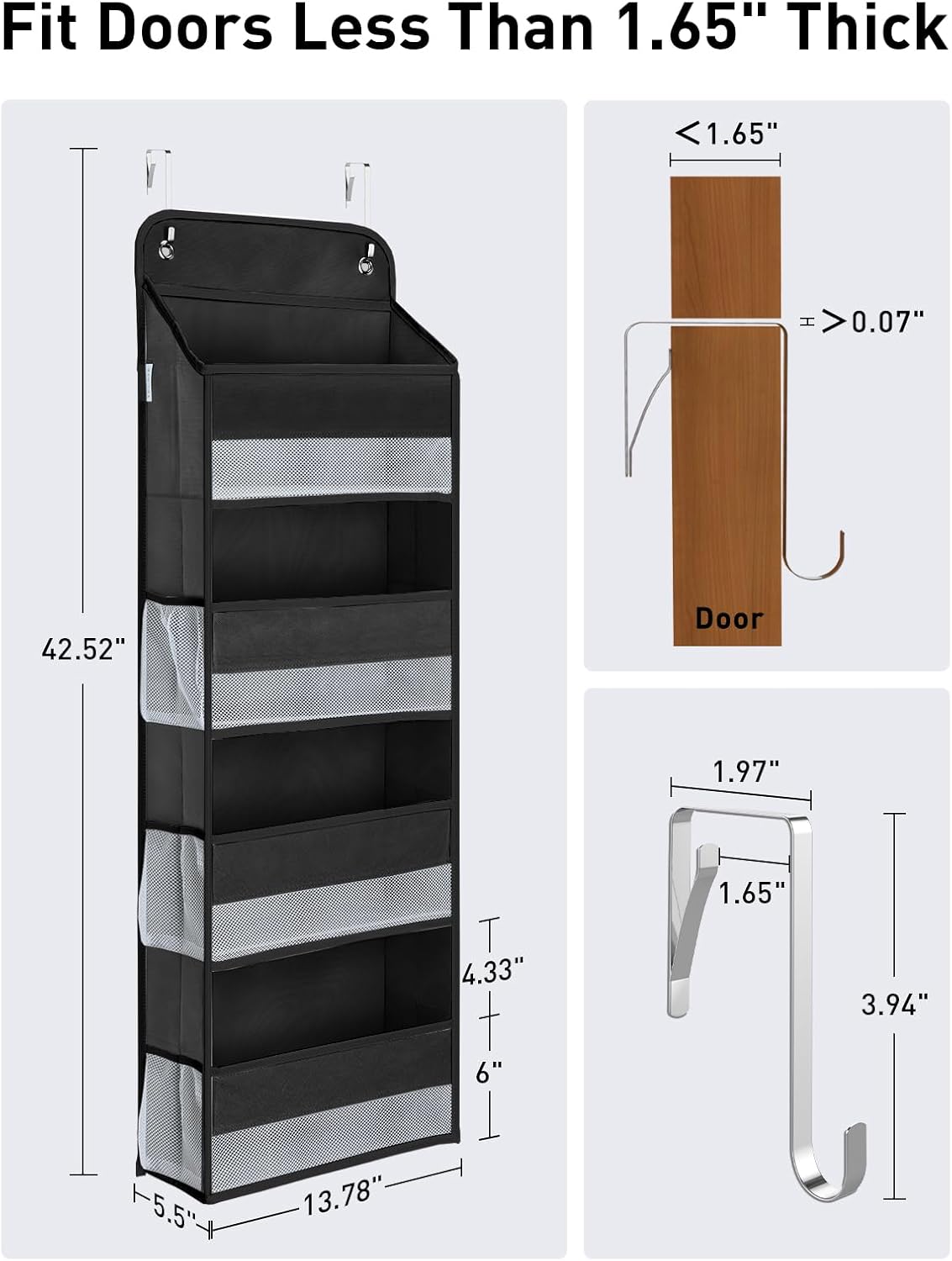 Yecaye 1 Pack Over the Door Organizer, 35.2lbs Load Toy Stuffed Animal Storage, Swing-proof Hanging Bathroom Organizers and Storage for Nursery Newborn Baby Essential Stuff Black