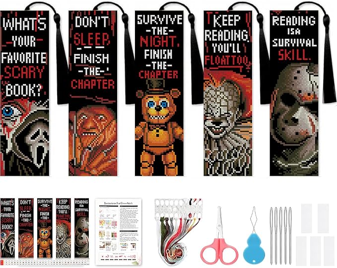 VIGEGU 5 Pcs Horror Stamped Cross Stitch Bookmark Kits by VIGEGU