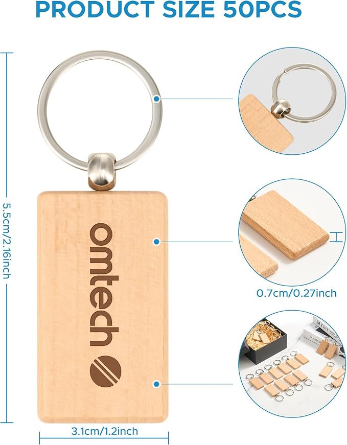 OMTech Wooden Keychain Blanks, Wood Key Chain Bulk, Unfinished Wooden Key Rings - Image 2