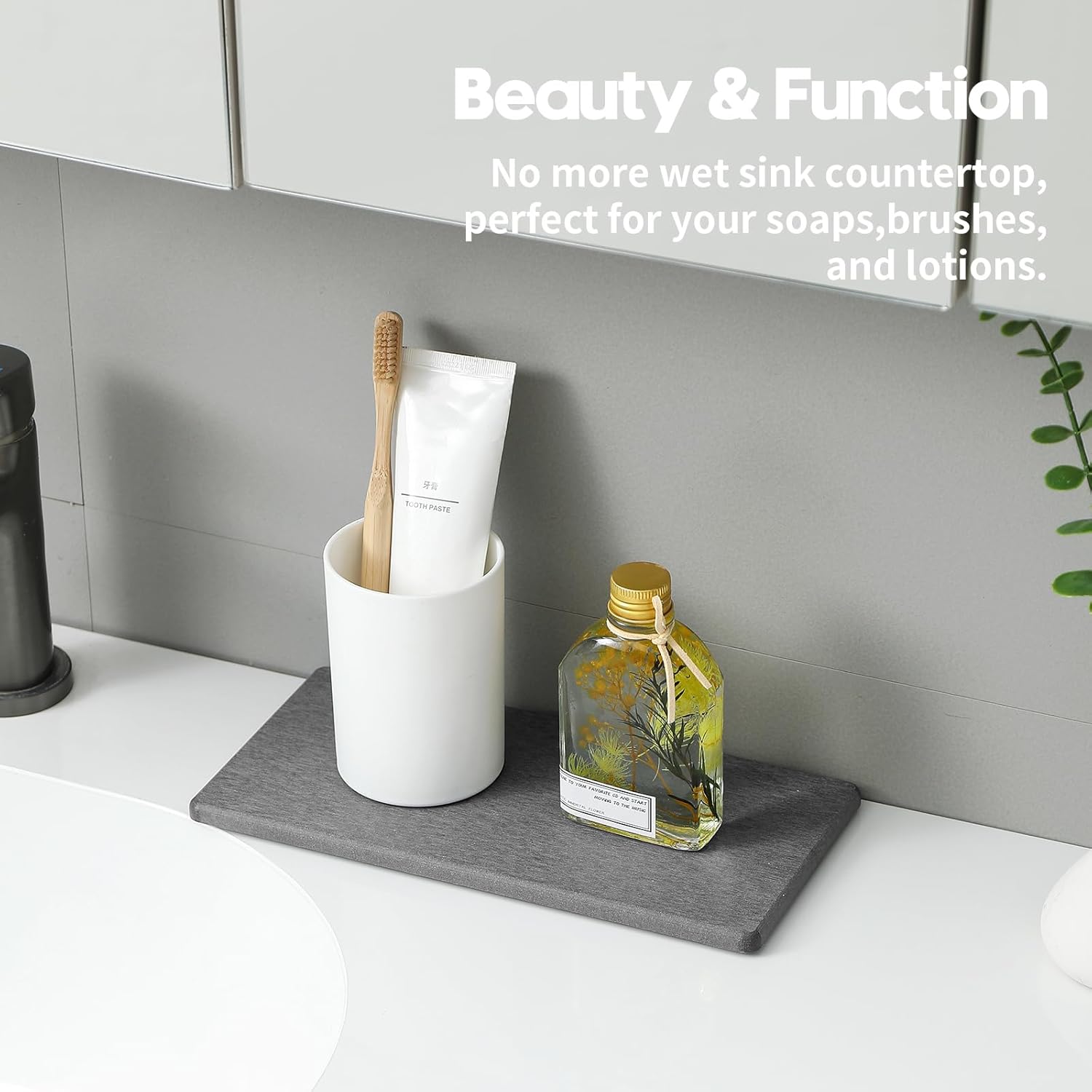 2PCS 10"x 5" Large Bathroom Sink Vanity Trays, Water Absorbing Diatomite Stone Quick Drying Mat for Kitchen Counter, Dish Rack Dispensers Sponge Holder Caddy Organizer, Dark Gray,