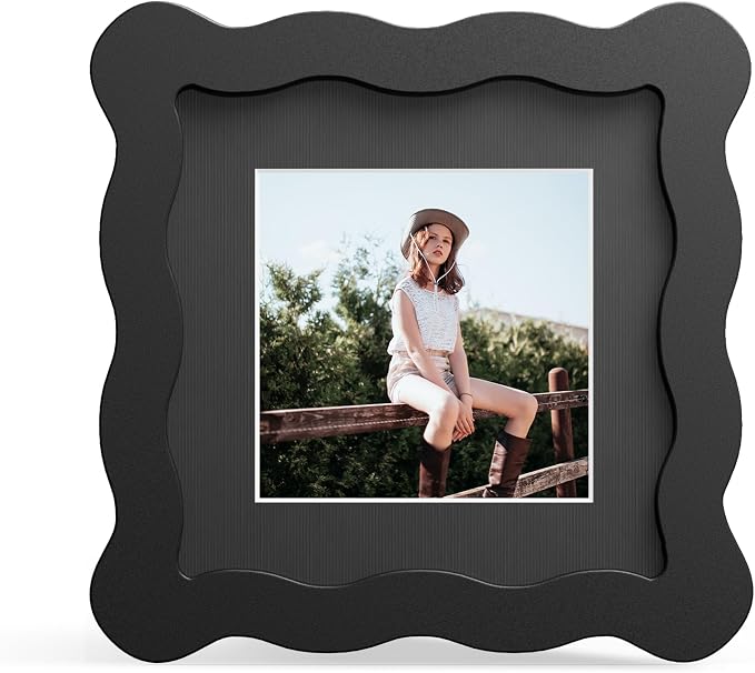 4x4 Picture Frame with Mat for 3x3, Wavy Edge Wooden Real Glass Photo Frame for by THKRLOF