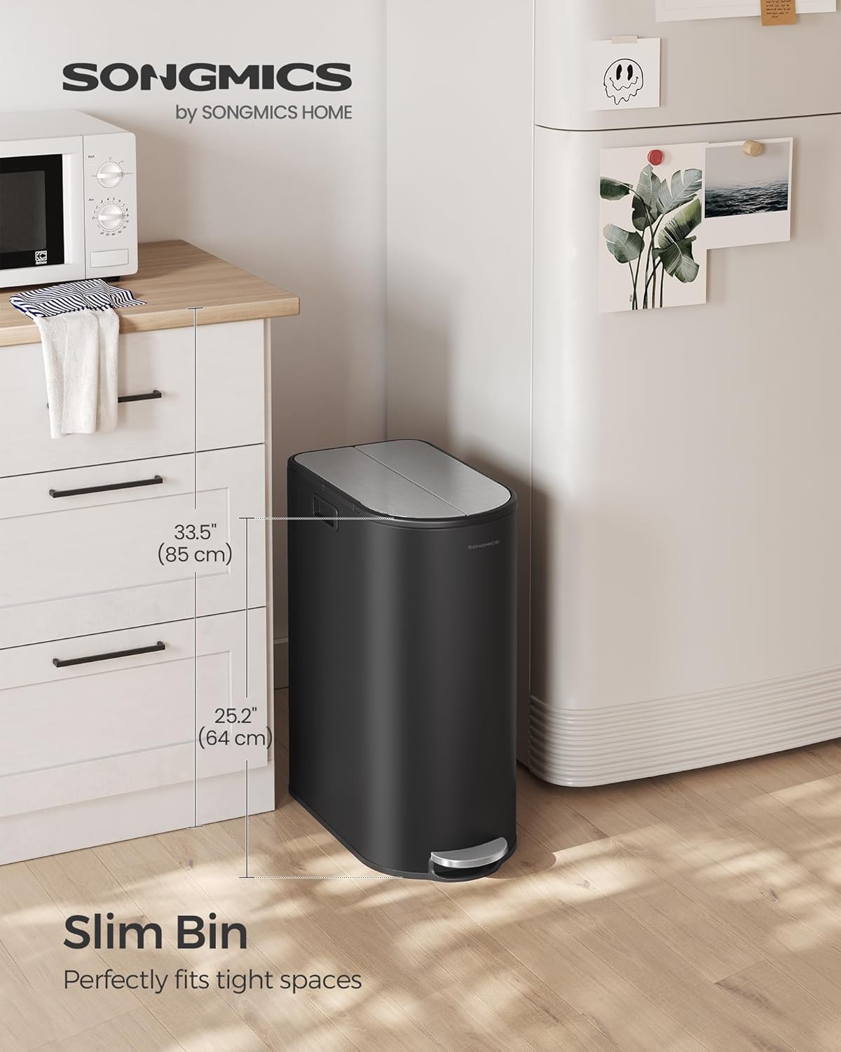 SONGMICS 13-Gallon Dual Kitchen Trash Can, 5.3 and 8 Gallon Compartments, Garbage Can with Wing Lids, Stainless Steel, Soft Close, Inner Buckets, Ink Black and Metallic Silver ULTB570B50