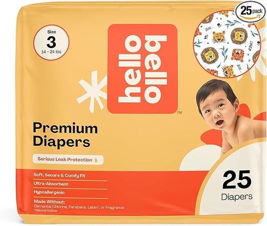 Hello Bello Diapers, Size 3 (14-24 lbs) Wild Cats, 25 Count of Premium Disposable Baby Diapers, Hypoallergenic with Soft, Cloth-Like Feel