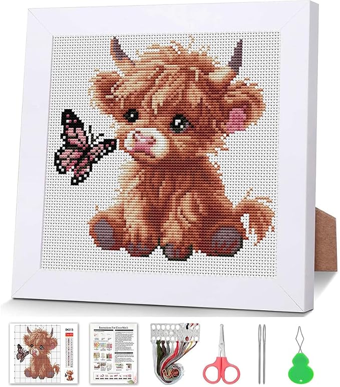 Cross Stitch Kits For Adults Beginners, Highland Cattle Stamped Cross Stitch by VIGEGU