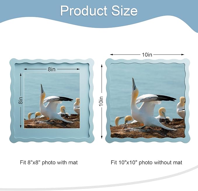 10x10 Picture Frame with Mat for 8x8, Wavy Edge Wooden Real Glass Photo Frame - Image 3