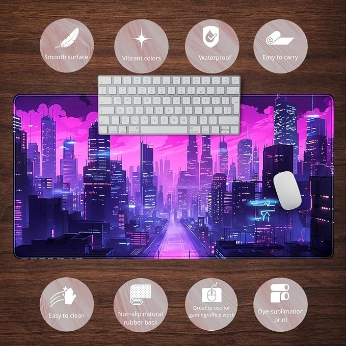 Cyberpunk Neon Purple City Gaming Desk Mouse Pad XL Pink Extended Mouse Pad - Image 6