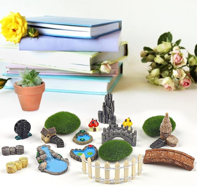 QUOZUO 21 Pcs Fairy Garden Miniatures Accessories Bridge House Landscape Water - Image 7