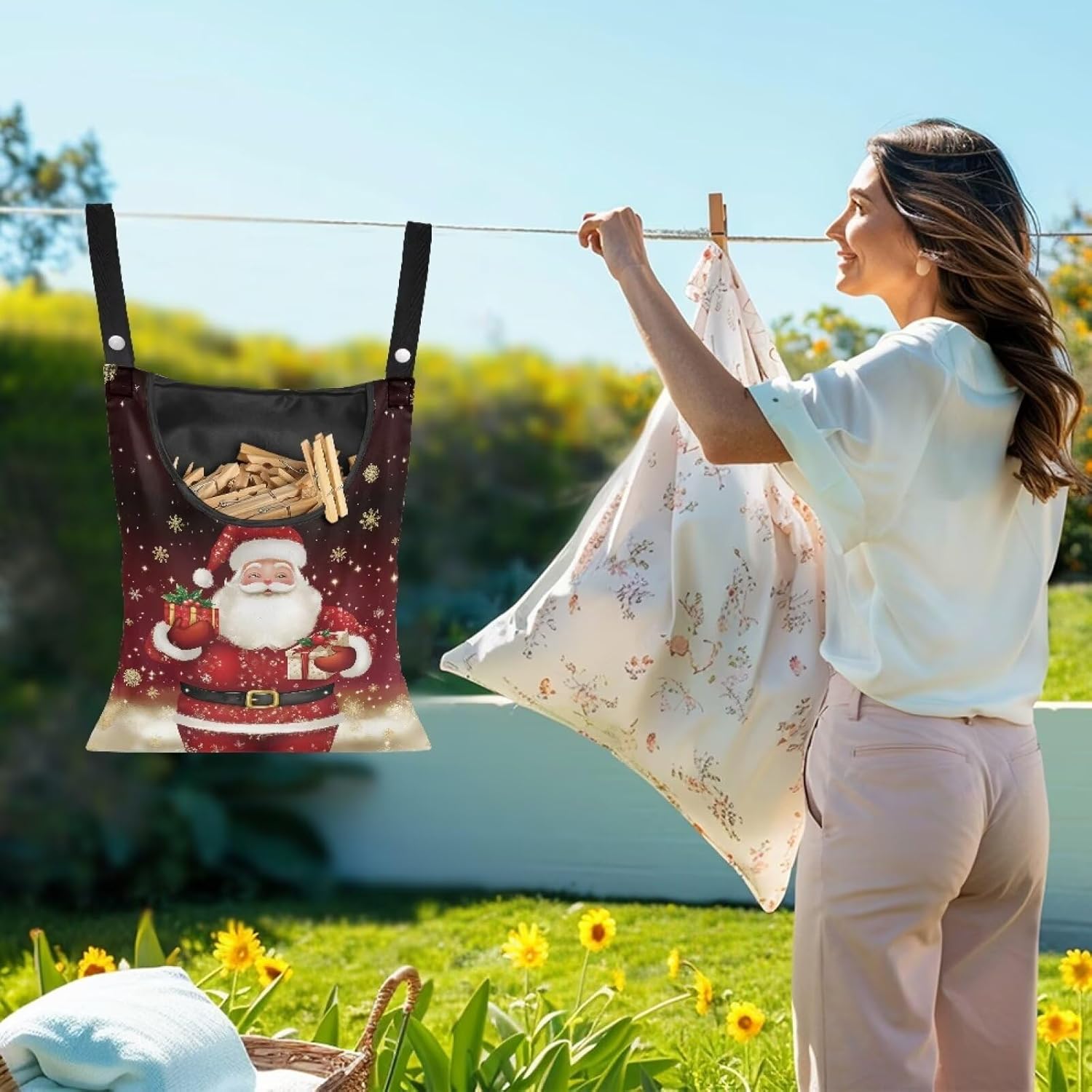 Christmas Santa Claus 2025 Waterproof Clothespin Pouch - Space-Saving Hanging Hook Bag for Holiday Laundry & Garage Storage