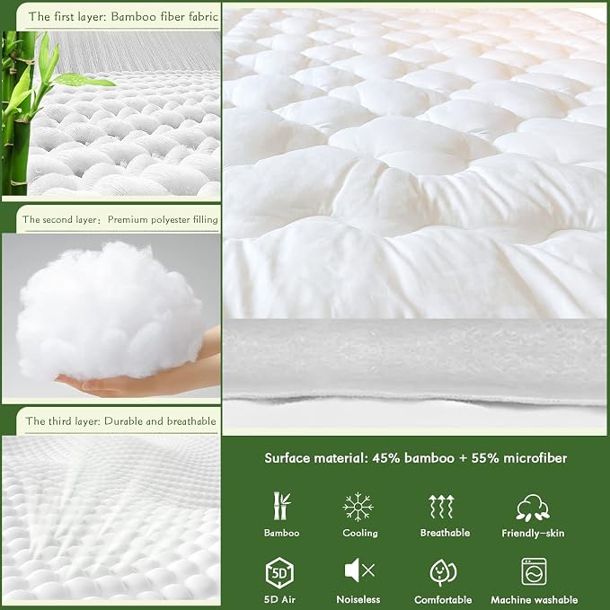 GRT Mattress Pad Cover Rayon from Bamboo Full Size, Extra Thick Quilted Fitted - Image 3
